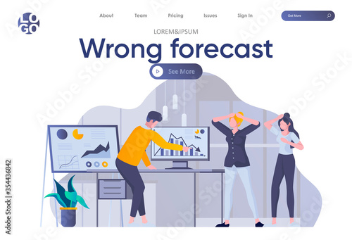 Wrong forecast landing page with header. Depressed and shocked people look at falling down chart in office scene. Company cost reduction, business failure and finance crisis flat vector illustration.
