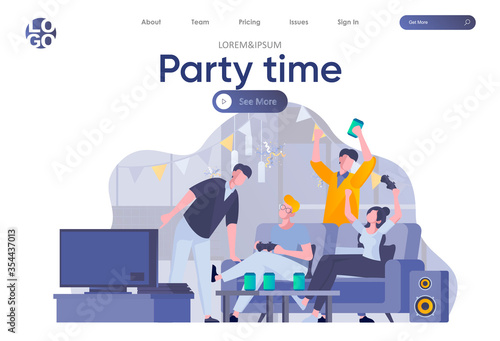Party time landing page with header. Happy friends having fun, talking and drinking, playing video games scene. Students relax and joyfully spending time together situation flat vector illustration.