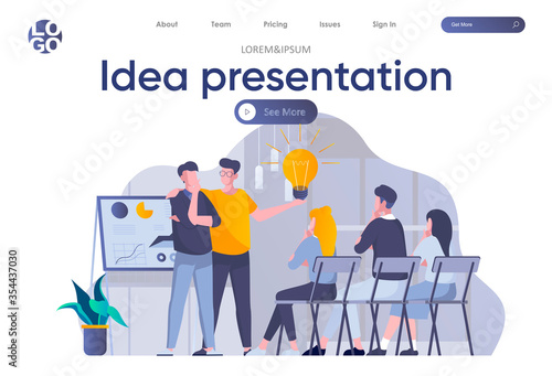 Idea presentation landing page with header. Startup team making presentation new great idea before investor in office scene. Pitching startup, coworking and teamwork situation flat vector illustration