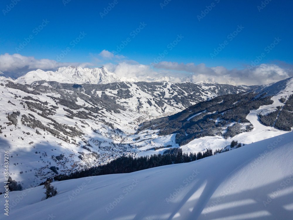 Scenic view of ski region Saalbach Hinterglemm in the Austria alps .