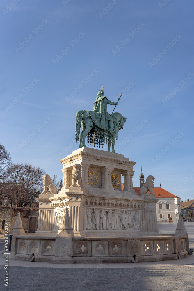 Bronze equestrian statue of King Stephen at Fisherman's Bastion on bada mountain in Budapest
