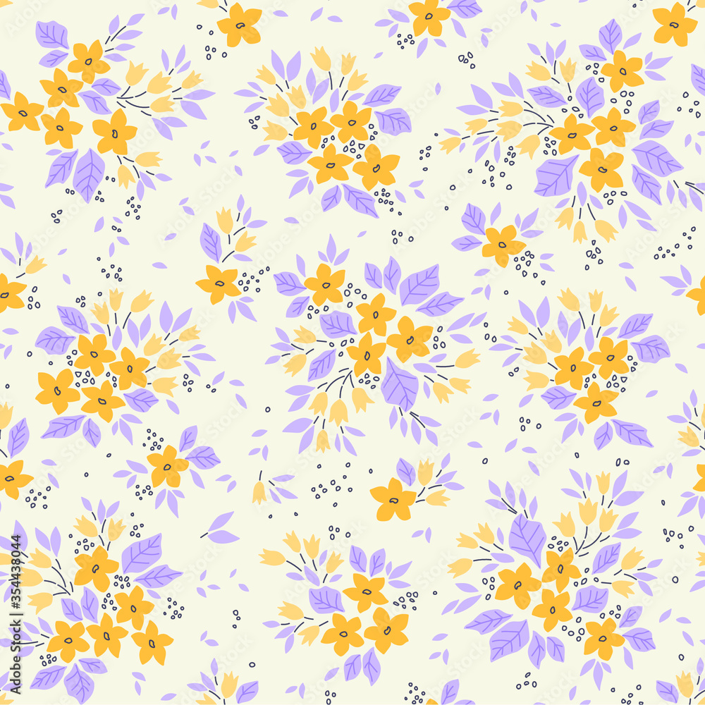 Cute floral pattern in the small flower. Ditsy print. Seamless vector texture. Elegant template for fashion prints. Printing with small yellow and lilac flowers. White background.