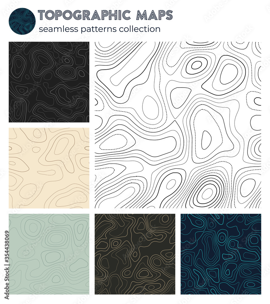 Topographic maps. Amazing isoline patterns, seamless design. Cool tileable background. Vector illustration.