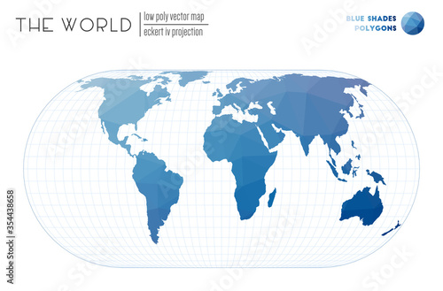 Low poly design of the world. Eckert IV projection of the world. Blue Shades colored polygons. Neat vector illustration.