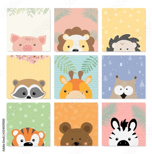 Vector illustration cute postcards with animals. Hand-drawn.