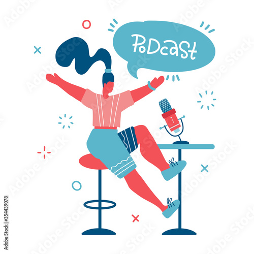 Radio host. Media hosting doodle drawing. Female podcaster with speach bubble with podcast lettering inscription, broadcaster at workspace isolated cartoon character. Vector flat illustration