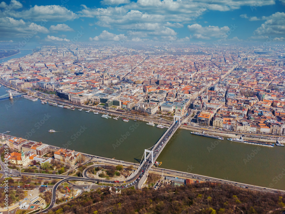 Beautiful morning top view of Budapest. Top view of the bridge Erzhebet and Danube. Hungary.