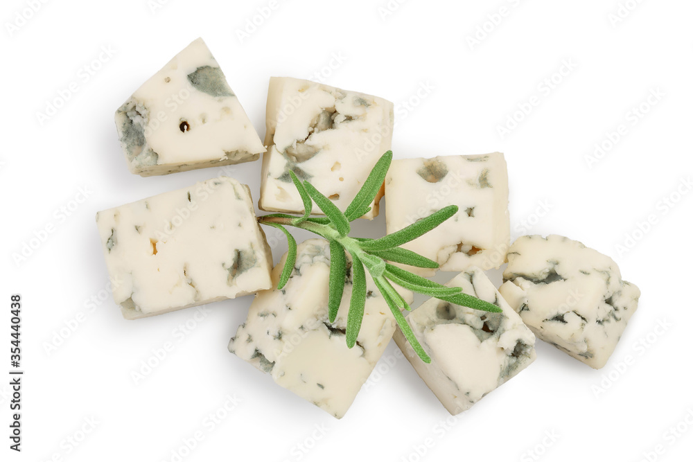 diced Blue cheese with rosemary isolated on white background with clipping path and full depth of field. Top view. Flat lay.