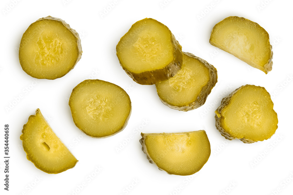 Marinated pickled cucumber slices isolated on white background with clipping path and full depth of field. Top view. Flat lay Marinated pickled cucumber slices isolated on white background with clipping path and full depth of field. Top view. Flat lay