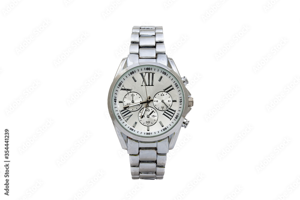 Silver colored chronograph wristwatch with oyster bracelet, white dial face and roman numerals isolated on white background. Silver colored chronograph wristwatch with oyster bracelet, white dial face and roman numerals isolated on white background.
