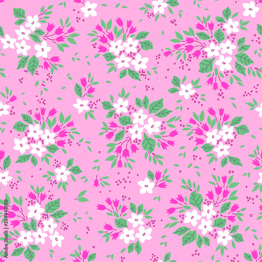 Floral pattern. Pretty flowers on pink background. Printing with small white flowers. Ditsy print. Seamless vector texture. Spring bouquet.