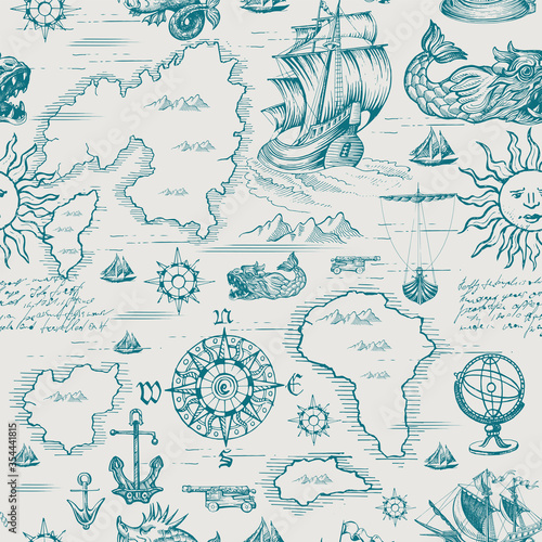 Vector abstract seamless pattern on the theme of travel, adventure and discovery and pirates. Vintage repeating background with hand-drawn ships, anchors, islands and sea monsters.