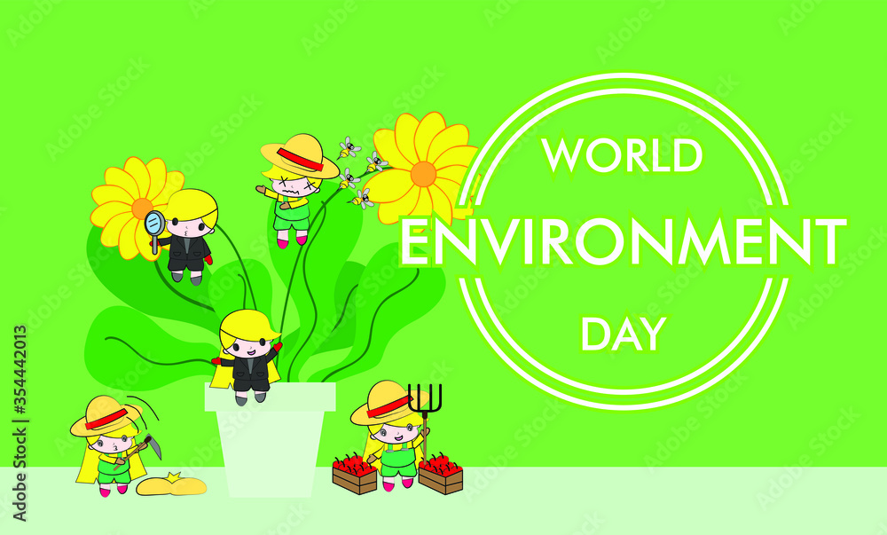 World Environment Day illustration of happy people playing with green plant and yellow flower. Social awareness concept for nature conservation event. World Environment Day illustration of happy people playing with green plant and yellow flower. Social awareness concept for nature conservation event.