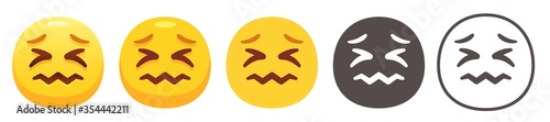 Confounded emoji. Quivering yellow face with scrunched eyes, crumpled mouth and sad eyebrows. Irritation emoticon flat vector icon set
