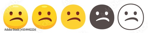 Confused emoji. Nonplussed yellow face with scrunching lips. Unsure emoticon flat vector icon set