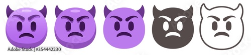 Devil emoji. Angry purple face with horns, sad smile and downwards scrunched eyebrows. Imp emoticon flat vector icon set