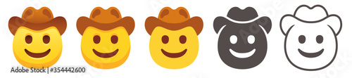 Cowboy hat emoji. Happy yellow head with brown leather cowboy brimmed hat. Smiled emoticon flat vector icon set. Yee-haw!