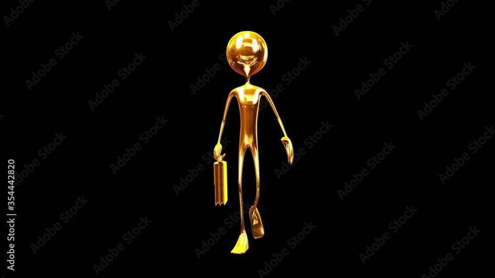Golden man with a briefcase, walk