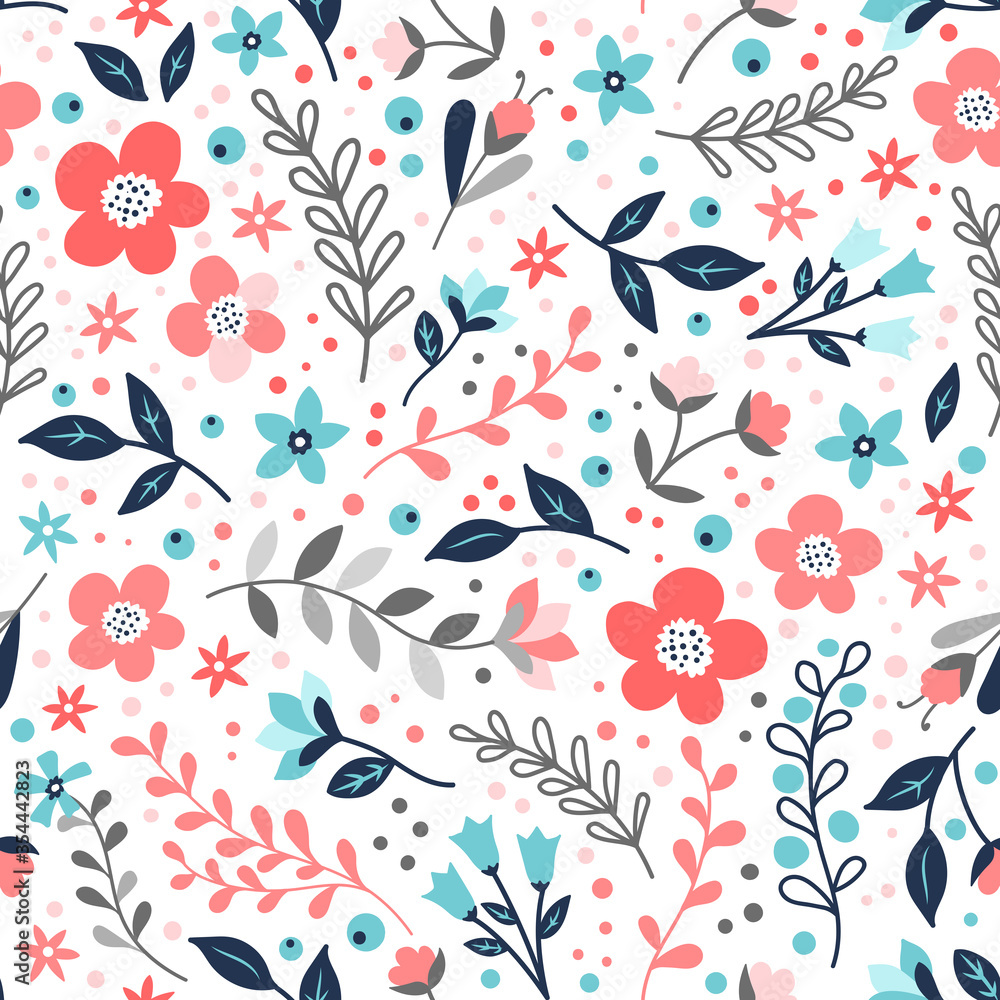 Naklejka Seamless surface repeat vector pattern with little orange, pink, blue and gray flowers, leaves and berries on a white background