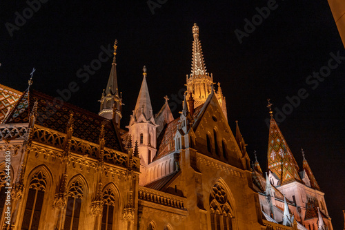 East side of Matthias church with light in Budapest night