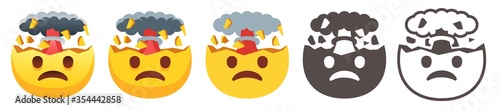 Exploding head emoji. Mind blown emoticon, shocked sad yellow face with brain explosion mushroom cloud flat vector icon set