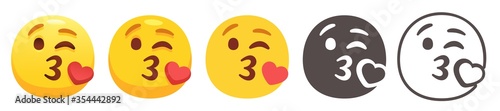 Kiss emoji. Cute kisses, love heart and funny yellow face blowing a kiss emoticon flat vector icons set