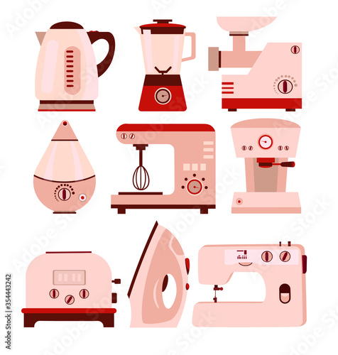 Kettle, blender, coffee machine, humidifier, meat grinder, toaster, iron, sewing machine. Big set home appliances, kitchen appliances. Flat vector illustration. Icons