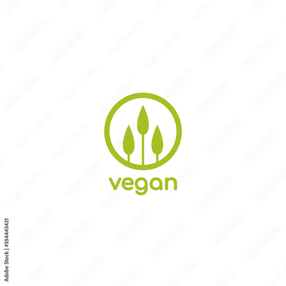Vegan, veggie product label. Green leaves in circle icon. Vegan, veggie product label. Green leaves in circle icon.