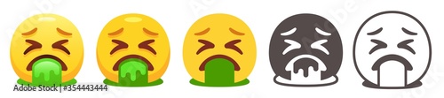 Vomiting emoji. Yellow face with X-shaped eyes spewing green vomit. Spew or throwing up emoticon flat vector icon set photo