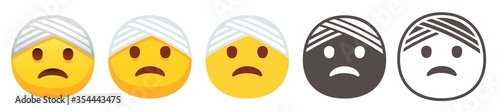 Bandaged head emoji. Yellow face with head-bandage wrapped around head and sad smile. Clumsy or injured emoticon flat vector icon set