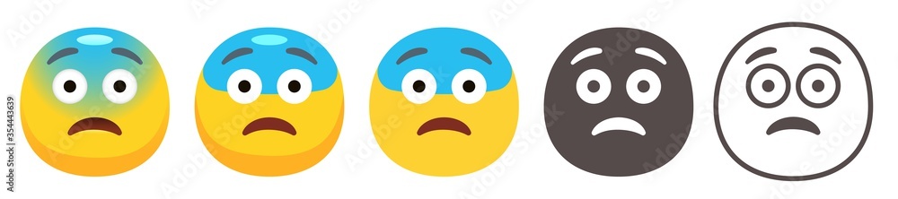 Fearful emoji. Yellow face with blue forehead, open frown, and raised eyebrows. Scared or surprised emoticon flat vector icon set Fearful emoji. Yellow face with blue forehead, open frown, and raised eyebrows. Scared or surprised emoticon flat vector icon set
