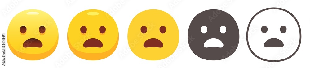 Fototapeta premium Yawning emoji. Yellow frowning face with open mouth. Disappointment emoticon flat vector icon set