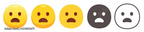 Yawning emoji. Yellow frowning face with open mouth. Disappointment emoticon flat vector icon set