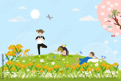 Cute cartoon Spring landscape with Children having fun the park, boy sleeping with cat under the tree, other kids doing yoga. Vector spring scene with birds family standing on cherry blossom branches.
