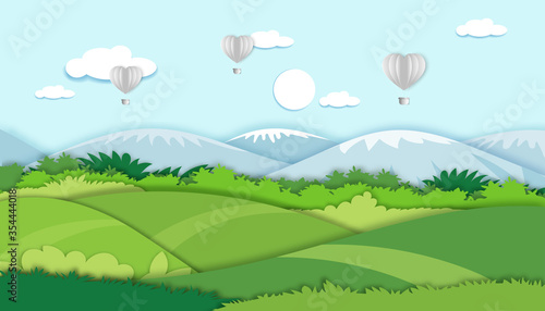 vector illustration.Paper cut style of field landscape in summer time, Paper art spring landscape with blue sky and hot air balloons heart flying , panorama flat cartoon for holiday banner