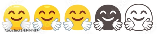 Hugging emoji. Happy face with smiling eyes, hug flat vector icon set