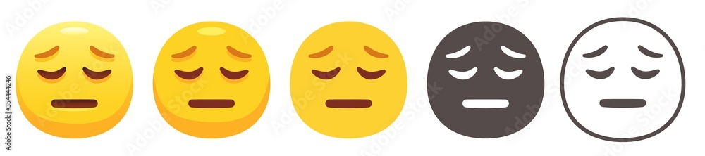 Pensive emoji. Remorseful yellow face with closed eyes, flat mouth and sad furrowed eyebrows. Sorrowful emoticon flat vector icon set Pensive emoji. Remorseful yellow face with closed eyes, flat mouth and sad furrowed eyebrows. Sorrowful emoticon flat vector icon set
