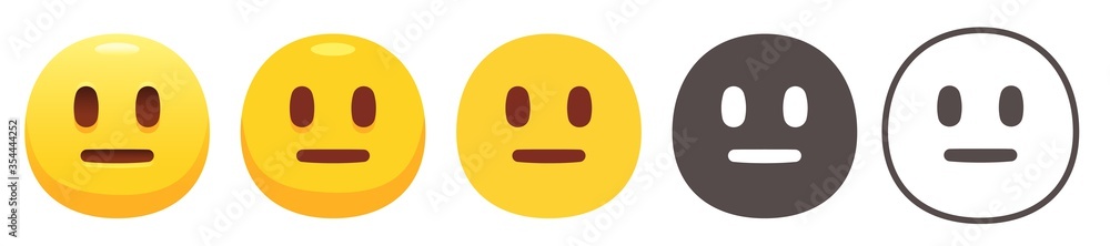 Neutral emoji. Yellow deadpan face with flat, closed mouth and long open eyes. Straight faced emoticon flat vector icon set Neutral emoji. Yellow deadpan face with flat, closed mouth and long open eyes. Straight faced emoticon flat vector icon set