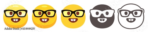 Nerd emoji. Funny yellow face with black-rimmed eyeglasses and big buck teeth. Nerdy emoticon flat vector icon set