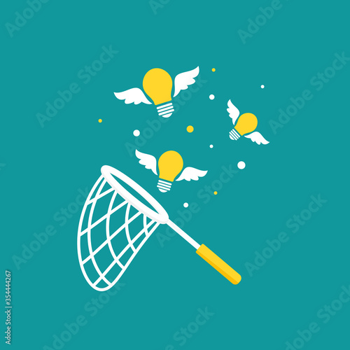 Butterfly net with flying bulbs. Catch, hunt, chase ideas and solutions symbol.