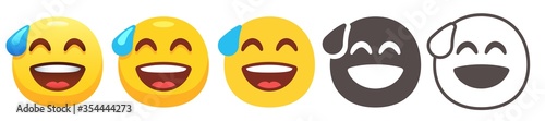 Grinning emoji with sweat drop. Don't funny, awkward joke or embarrassed laughing emoticon vector flat icon set