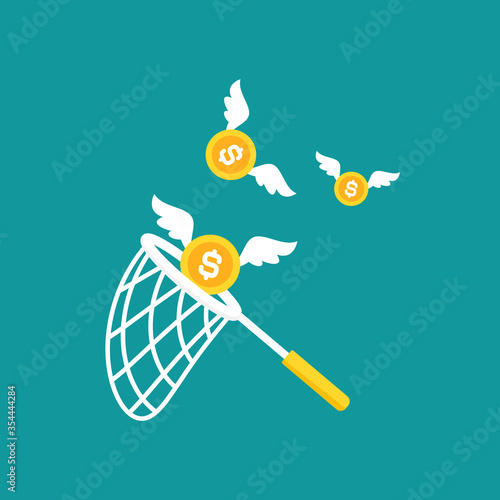 Butterfly net with flying golden coins. Catch, hunt, chase money symbol.