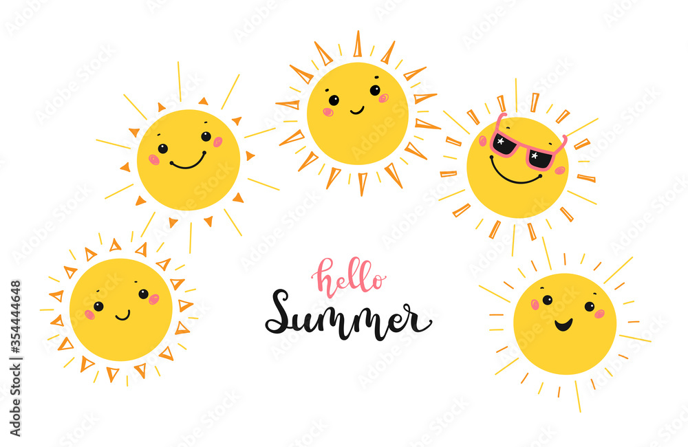 Summer Greeting Card with Cute Smiling Suns. Cartoon Doodle Funny Little Sun Icons and phrase 