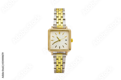 Canvas-taulu Two tone square shaped dress wristwatch with metal jubilee bracelet and white dial face isolated on white background