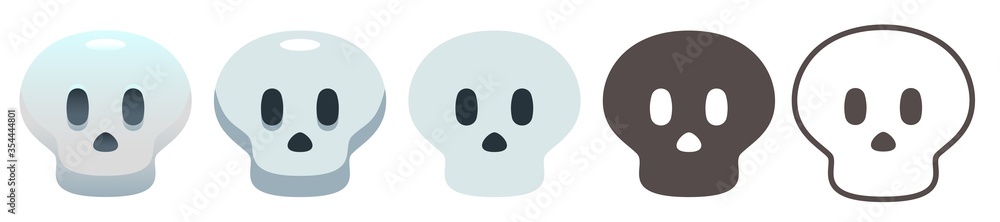 Skull emoji. Gray human skull with black eye sockets. Halloween or death flat vector icon set