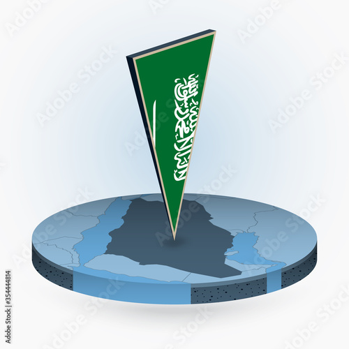 Saudi Arabia map in round isometric style with triangular 3D flag of Saudi Arabia