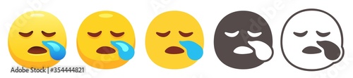 Sleepy yellow face with closed eyes and blue snot bubble from nose. Tired emoji or sleeping emoticon flat vector icon set