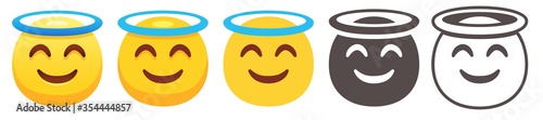Holy emoji. Yellow face with smiling eyes, closed smile and halo overhead. Angel person emoticon flat vector icon set