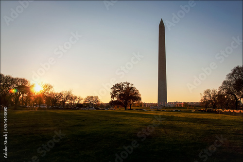 Washington DC Washington Monument sunset from Smithsonian National Mall Capitol Hill side of lawn