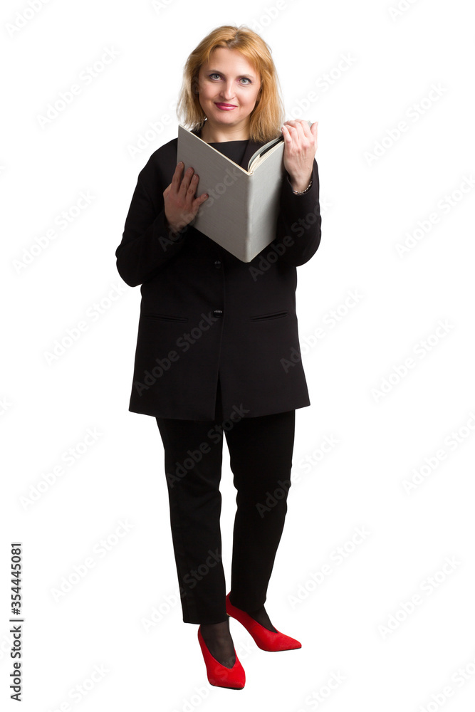plus size caucasian business woman. Holding a book plus size caucasian business woman. Holding a book